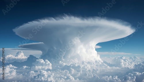 A massive cumulonimbus cloud with a distinct anvil top rising high above a layer of smaller cumulus clouds in a deep blue sky