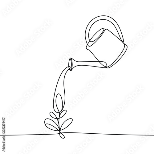 Fotografie minimalist continuous line drawing of watering can nurturing young plant growth