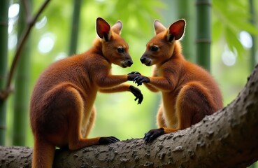 Two orange tree kangaroos sit on branch, touching paws. Rare marsupials look at each other in bamboo forest. Cute animals interact, showing social behavior, nature wildlife.