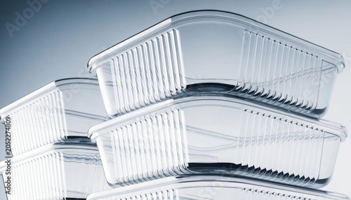 Stack of clear plastic food containers shows transparent storage solution for takeaway meals and kitchen organization featuring durable ribbed design for commercial packaging and food safety.