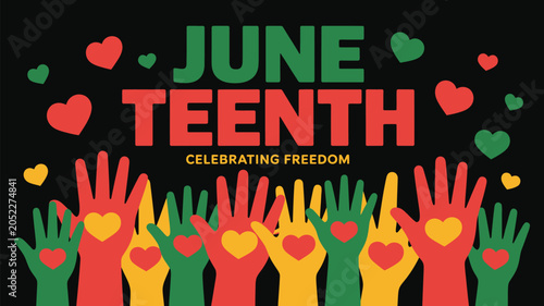 Tableau sur toile juneteenth celebrate freedom poster with raised hands hearts and colorful commun