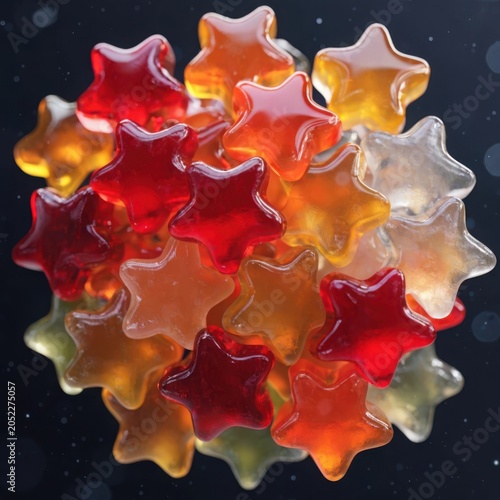 Vibrant colorful gummy star candies scattered in a pile against a bright white background, delicious sweet treats for celebrations and parties, high quality studio shot.