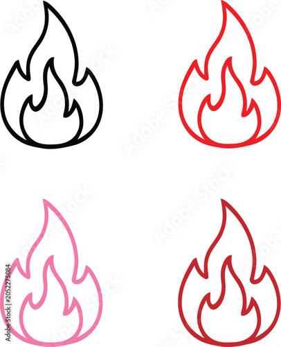 Set of four flame in black, red, pink, and dark red outline styles