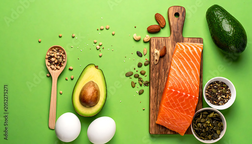 Healthy keto diet ingredients including salmon fillet, avocado, eggs, nuts and seeds, healthy fats and protein, top view