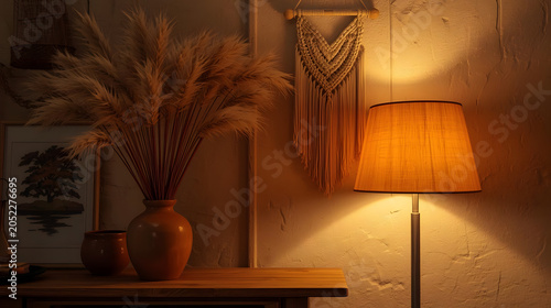 Cozy living room interior with warm lighting and rustic home decor elements