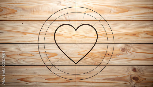 Heart symbol etched into wood texture, surrounded by concentric circles, representing love and connection on natural background
