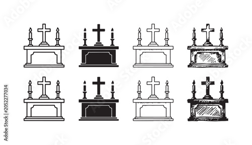 Foto Eight religious altar icons, complete with crosses and candles, rendered in a variety of design styles