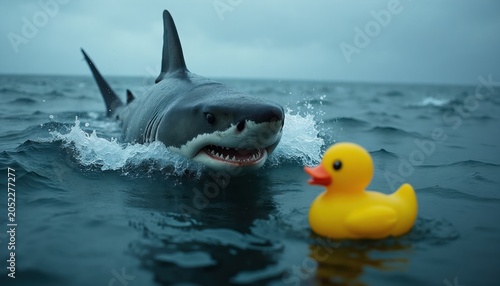 Great white swims towards yellow rubber ducky in choppy sea water. Predator eyes prey in ocean depths. Danger lurks in deep blue. Cartoonish concept.