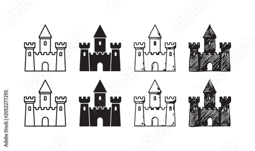 Obraz na płótnie Set of eight simple cartoon castle icons in outline, solid, and hand-drawn style