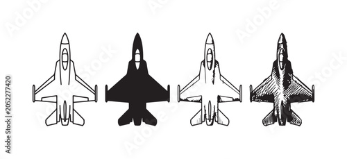 Foto Fighter jet aircraft from top view, presented in outline, solid silhouette, and detailed hand-drawn sketchy styles, symbolizing aviation or military