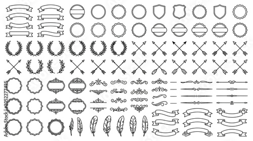 Obraz na płótnie Comprehensive Set of Retro Design Ornaments featuring Outline Ribbons, Circular Badges, Shield Frames, Floral Wreaths, Arrows, Filigree Swirls, and Feathers in Minimalist Black Line Style