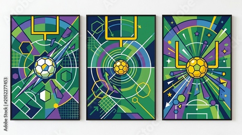 Geometric soccer art posters set, abstract football wall art collection with goal posts and balls, vibrant green and purple sports illustration triptych