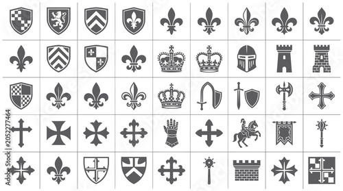 Vászonkép A comprehensive collection of medieval heraldic symbols including shields, fleur-de-lis, crowns, knight helmets, towers, and weapons, perfect for historical branding and decorative vector designs