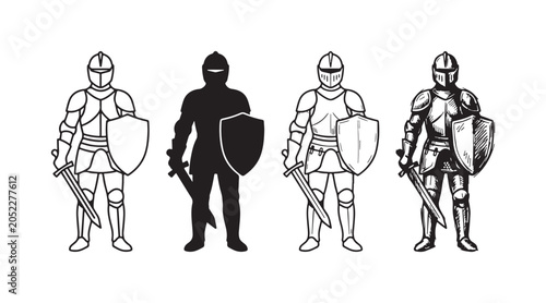 Картината върху платно Collection of four knight icons, portraying an armored warrior with sword and sh