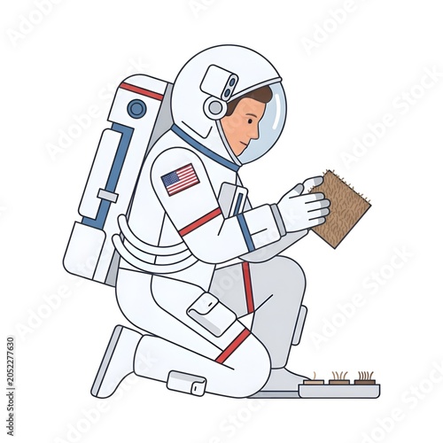 Astronaut in spacesuit kneeling and examining a soil sample with small plant sprouts in trays, depicted in a flat design illustration