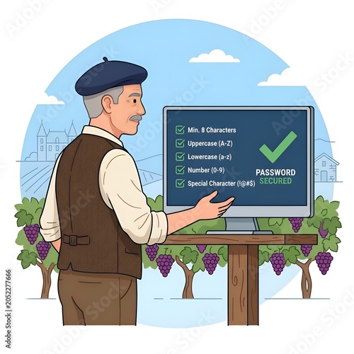 Flat design illustration of an older man in a vineyard looking at a computer monitor displaying a secured password with strong criteria