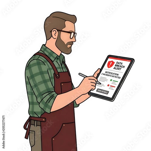 Bearded man in plaid shirt and apron holding a digital tablet displaying a critical data breach alert notification with a stylus on a white background