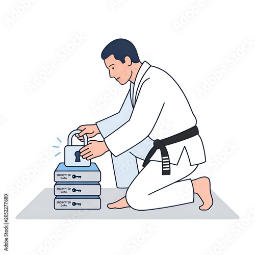 Man in martial arts gi securing encrypted data with padlock, symbolizing digital protection and cybersecurity.