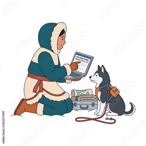 Flat design illustration of a person in winter clothing and a husky dog looking at a laptop with a lost device report, next to travel luggage
