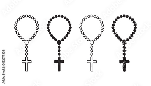 Photos Four variations of a rosary beads necklace with a cross, depicted in outline, silhouette, detailed line art, and hand-drawn sketch styles