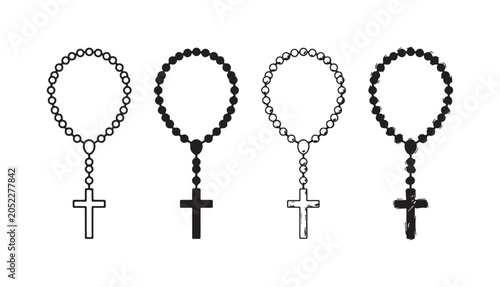 Photos Four variations of a rosary beads necklace with a cross, depicted in outline, silhouette, detailed line art, and hand-drawn sketch styles