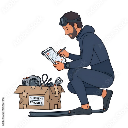 Illustrated man in wetsuit and diving mask signing a digital document on a tablet, next to a box of diving gear.