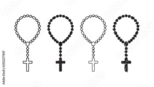 Tableau sur toile Four variations of a rosary beads necklace with a cross, depicted in outline, silhouette, detailed line art, and hand-drawn sketch styles
