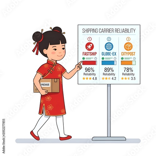 Cartoon girl in traditional red cheongsam dress holding a package and pointing at a digital infographic display showing shipping carrier reliability data