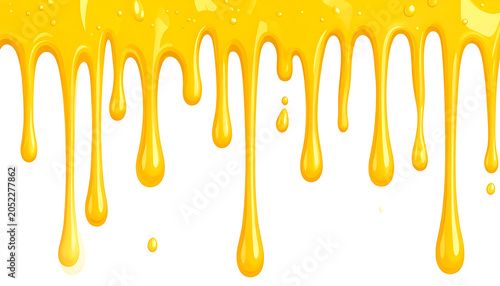 Golden yellow viscous liquid dripping down, sweet honey or syrup flowing, textured droplets and streams