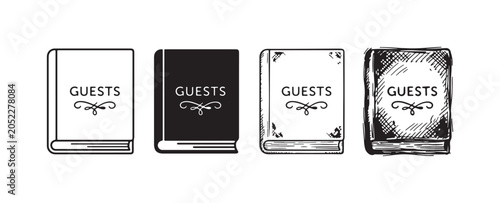 Photography Guest book icons featuring GUESTS text and decorative swirls, presented in diverse artistic styles, from a clean outline to a detailed hand-drawn sketch
