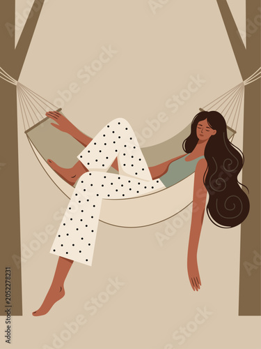 Εκτύπωση καμβά Charming illustration of a relaxed young woman lounging comfortably in a backyar