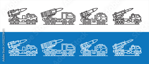Foto Set of military missile truck icons with rocket launcher systems in simple line art style