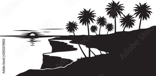 Tropical palm trees and ocean landscape in black silhouette high quality professional detailed