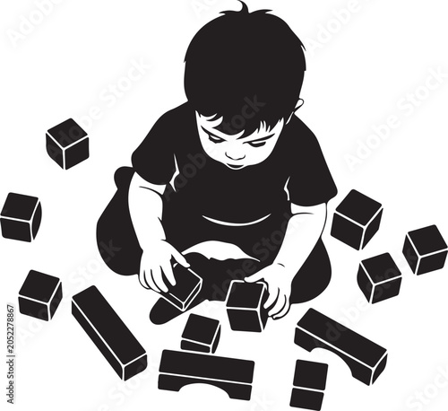 child playing with building blocks black silhouette high quality professional detailed modern elegant