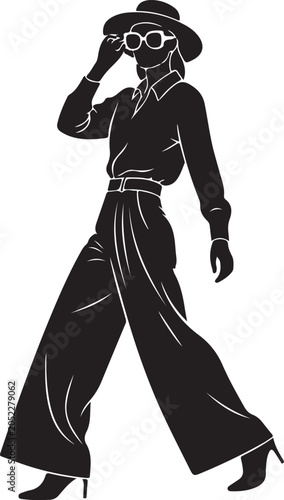 fashionable woman in hat and sunglasses walking black silhouette high quality professional detailed