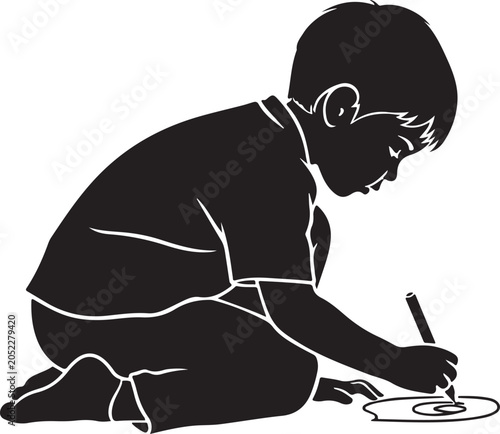 boy drawing with crayon in a seated position black silhouette high quality professional