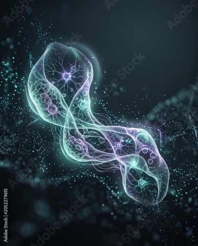 Glowing molecular biotech form floating in dark laboratory atmosphere.generative AI