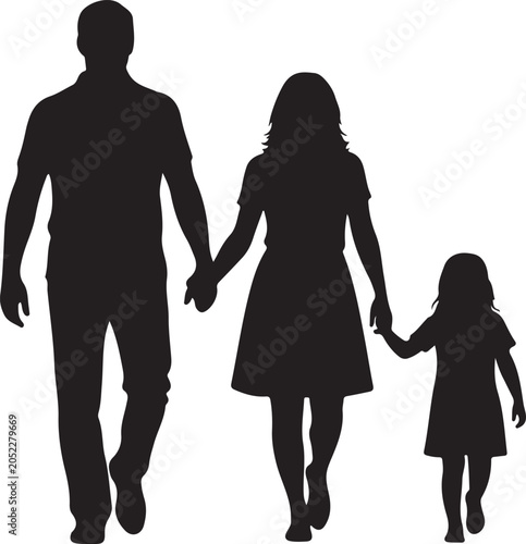 family of three holding hands walking together black silhouette high quality professional detailed