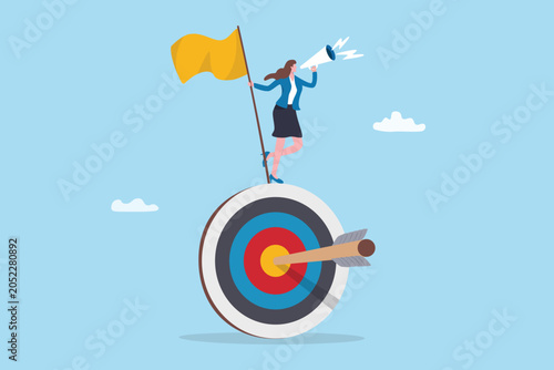 Marketing audience target, communication gaol or advertising strategy to aim to customers, promotion or marketing engagement plan, businesswoman marketing staff with megaphone on target hit bullseye.