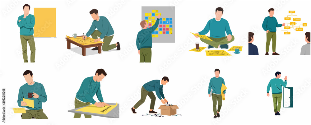 Fototapeta premium Set of flat vector illustrations showing a creative businessman's daily workflow, project planning, and office activities.