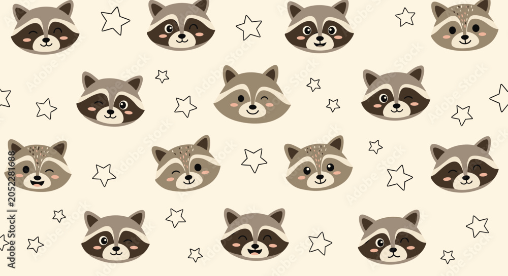 Fototapeta premium Seamless pattern of cute raccoon faces with different expressions and small white stars on a light beige background for kids.