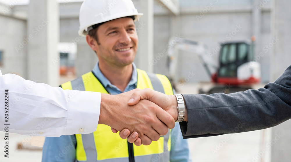 Fototapeta premium Businessmen shaking hands on construction site with smiling engineer in hardhat and vest in background