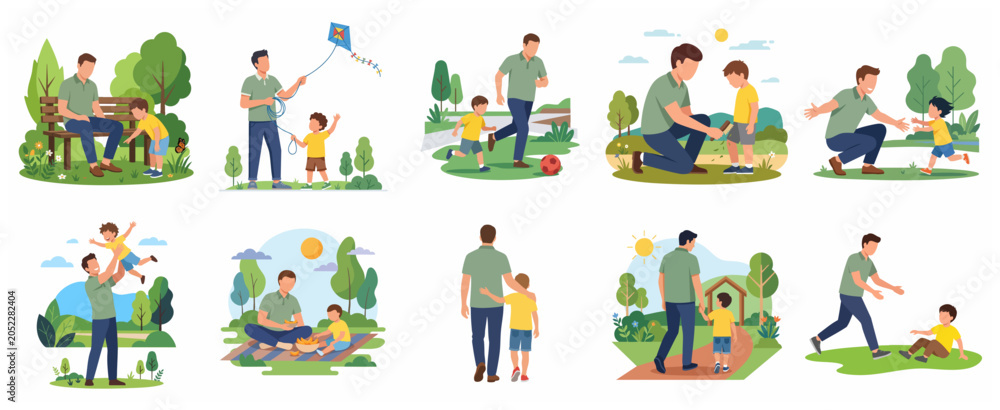 Fototapeta premium Collection of happy father and son bonding activities in the park, vector illustration set of parenting and childhood moments.