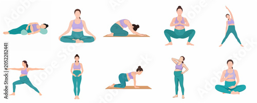 Set of pregnant woman practicing yoga and prenatal exercises in various poses, flat vector illustration