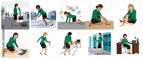 Foto Set of illustrations showing office workplace accidents, clumsy businesswoman tr