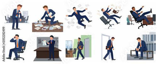 Set of businessmen in various office situations including stress, falling, working, and presentation, professional corporate life concept vector illustration