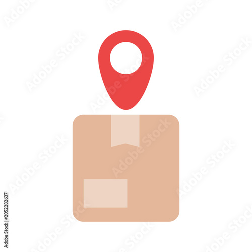 Delivery package box with red location pin icon flat vector design