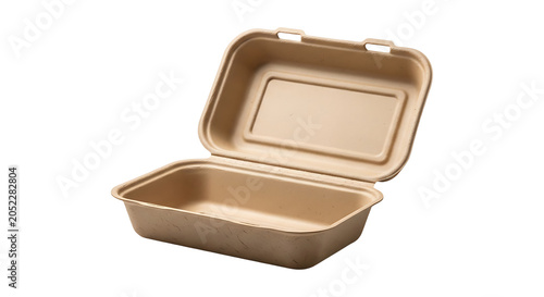 Open empty disposable ecofriendly food container made of molded pulp or bagasse isolated on transparent background