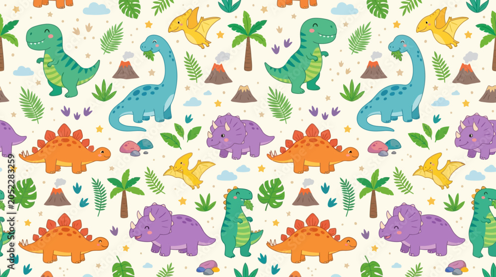 Fototapeta premium Colorful cartoon dinosaur seamless pattern.