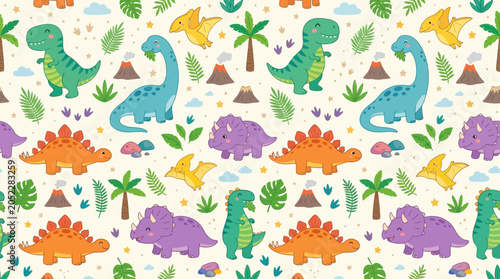 Bild auf Leinwand Colorful cartoon dinosaur seamless pattern.